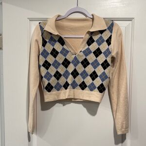 Beige Argyle Cropped Sweater with Collar